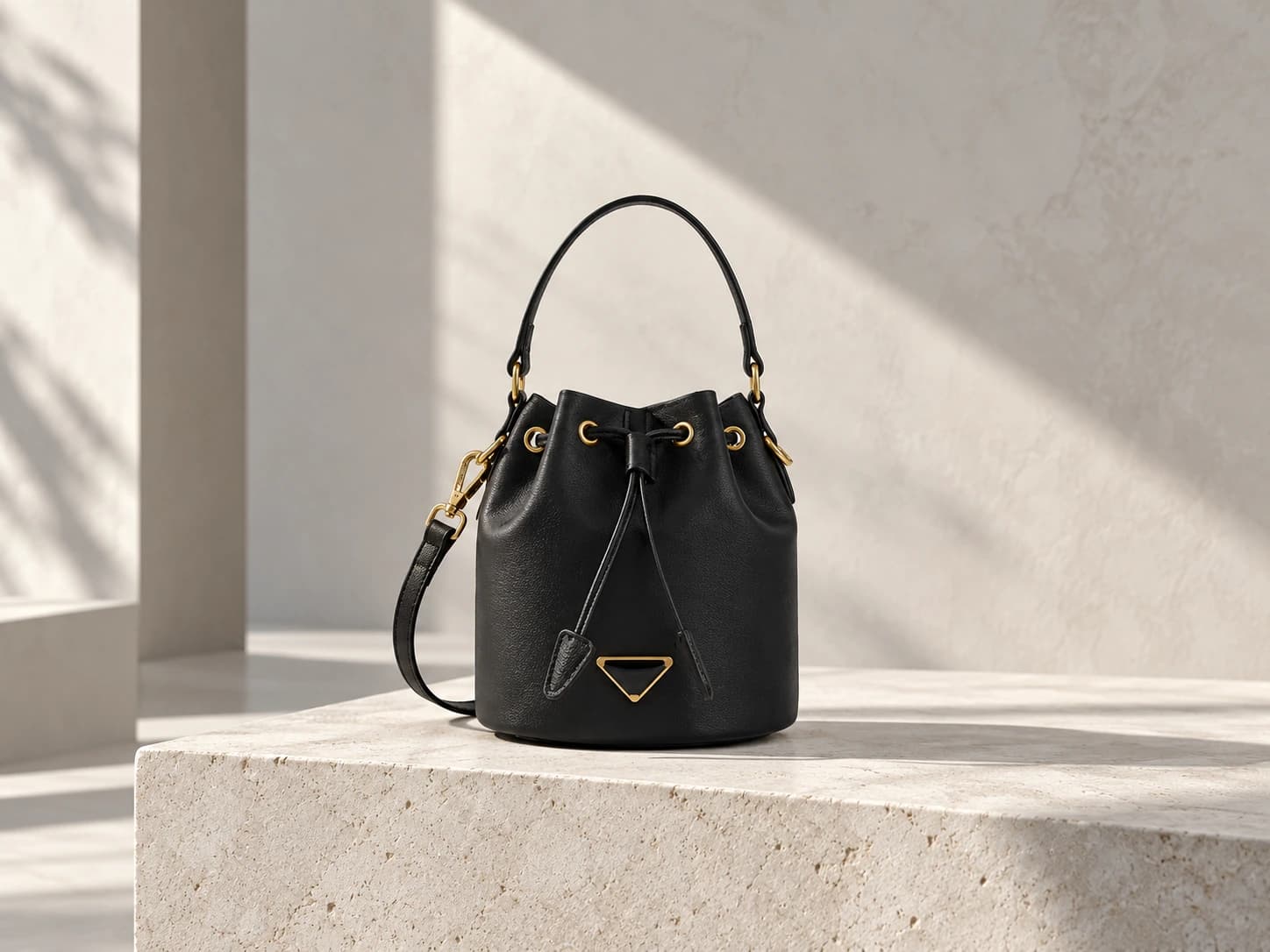 HOTEND campaign: the black bucket bag, with its complete silhouette and gold details